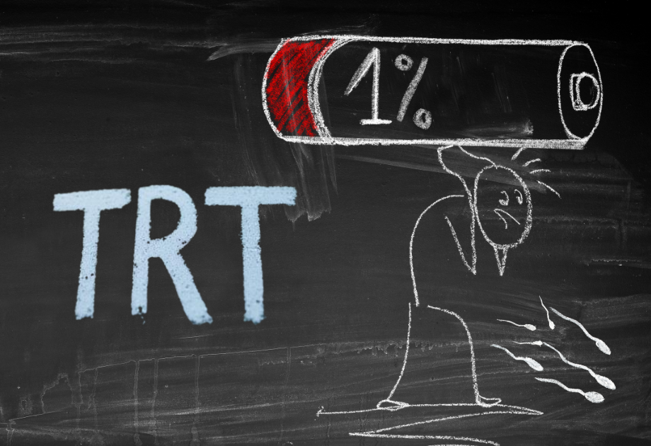 chalkboard drawing of a stick figure man holding a large battery over his head that shows 1% power remaining. The letters TRT are on the left of the image and the stick figure is walking away from it